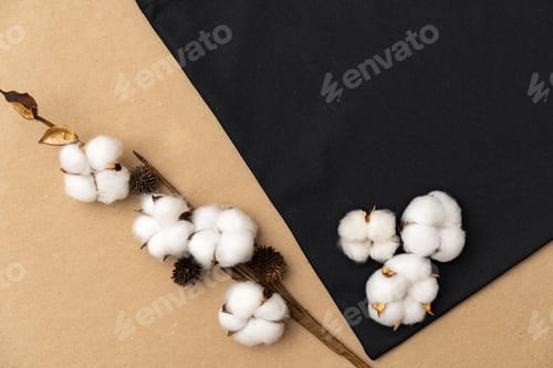 Preview: Textile eco bag and cotton flowers on paper background.