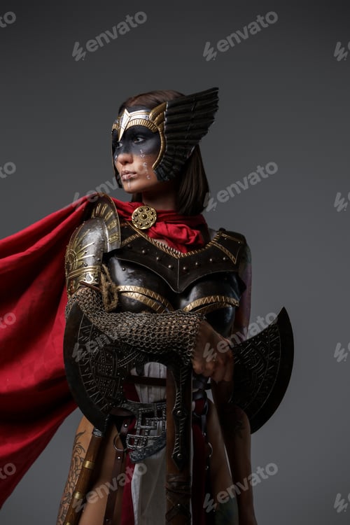 Preview: Ancient woman barbarian dressed in red cloak holding axe