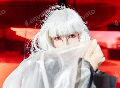 Preview: Stylish blonde on a red background.