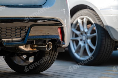 Preview: closeup of the wheels and bumpers of a car parked in the yard of a residential house, lower section