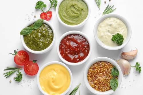 Preview: Composition with different sauces and ingredients on white background, flat lay