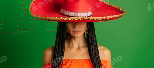 Vista previa: Hermosa joven mexicana en sombrero de pie sobre fondo verde