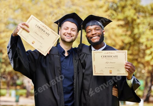 Preview: Friends, portrait and graduation to show diploma with smile, diversity and pride at university even