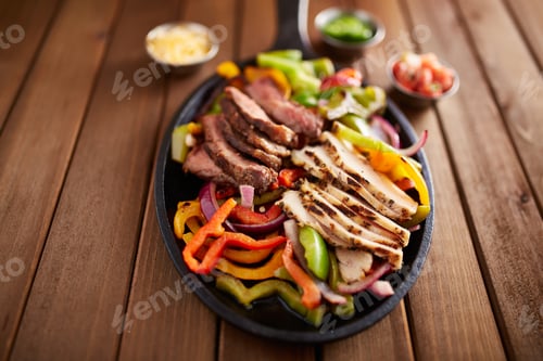 Preview: mexican steak and chicken fajitas in cast iron skillet shot top down