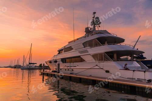 Preview: Silhouette Yacht boat with beautiful sun sky background. The vintage style yacht boat at marina harb