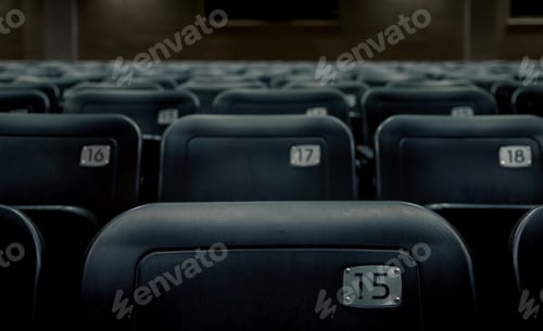 Preview: Numbered seats in rows in a dark empty theatre