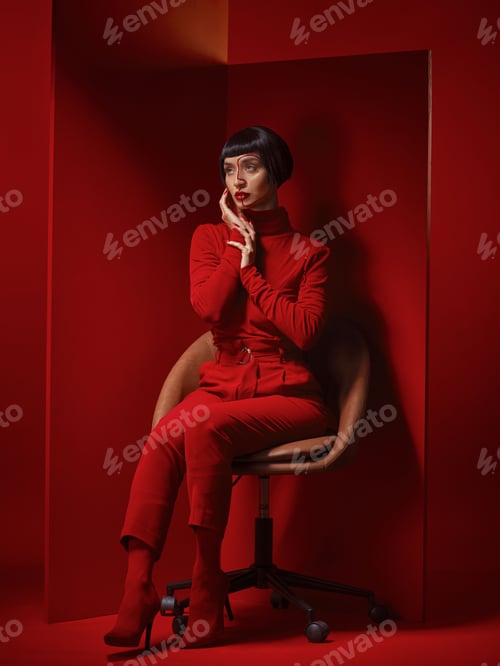 Preview: Fashion, thinking and a model woman on a red background in studio for elegant, chic or trendy style