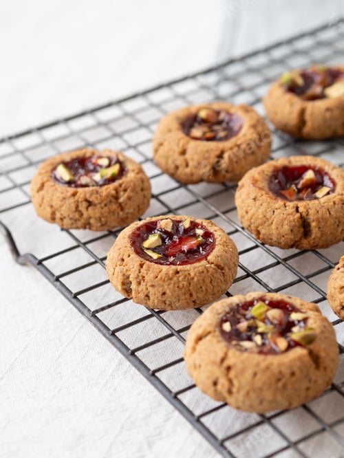 Preview: Thumbprint cookies with jam and pistachios cooling
