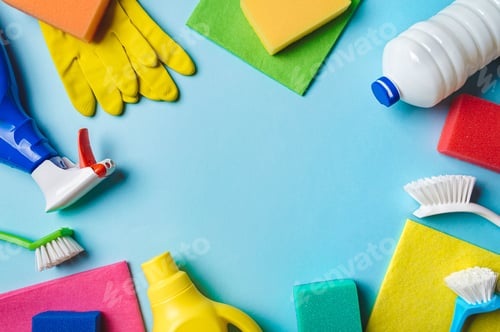Preview: House cleaning product on blue background, copy space
