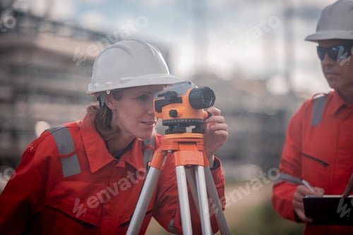 Preview: Surveyor engineers team wearing safety uniform and blueprint checking inspection by theodolite teles