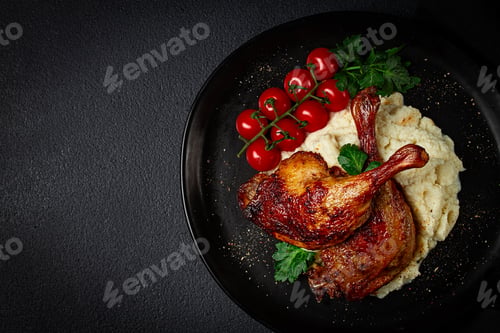 Preview: Fried duck shank, cauliflower puree, cherry tomatoes, homemade, no people,