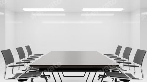 Preview: Black table and swivel chairs in white meeting room with ceiling lights in modern office or company.
