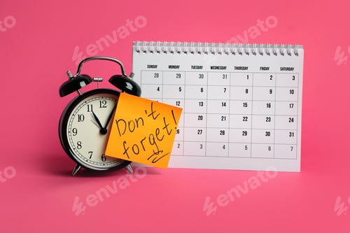 Preview: Alarm clock, calendar and reminder note with phrase Don't forget on pink background