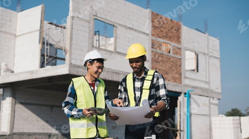 Preview: Structural engineer and architect working with blueprints discuss at the outdoors construction site.