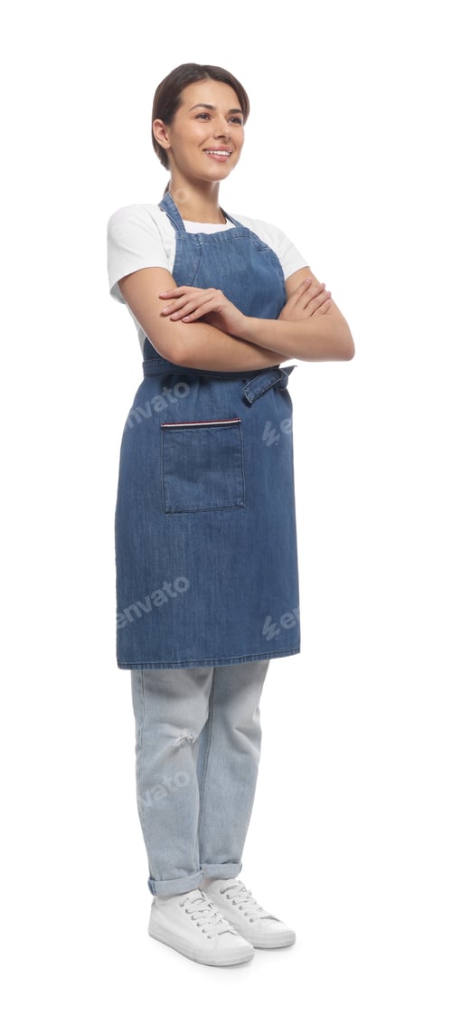 Preview: Young woman in blue apron on white background