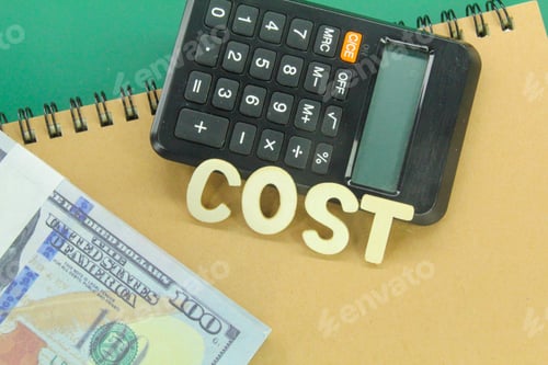 Preview: calculator, pen, money, word cost. accountant concept or cost calculation