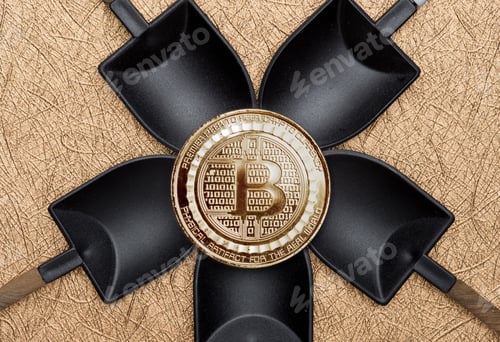 Preview: Top view gold bitcoins crypto coin over black shovel mining