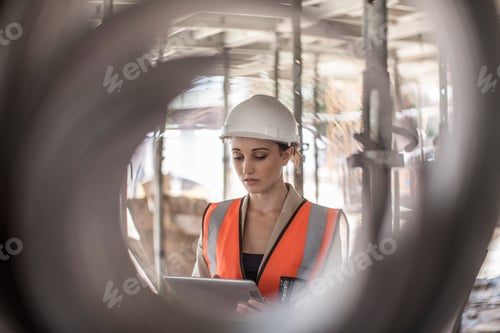 Preview: Female builder using digital tablet on construction site