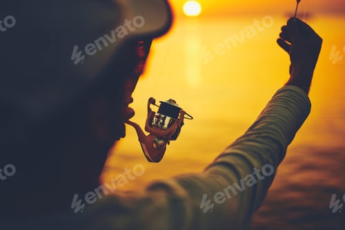 Preview: Silhouette Of A Fisherman Fishing In Sunset Time On The Open Sea.