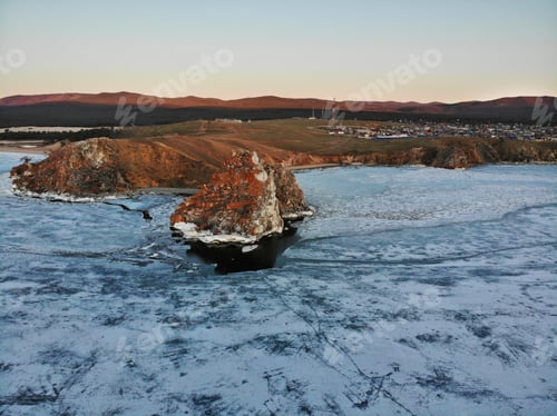 Preview: Aerial view of the village of Khuzhir, Olkhon Island, Cape Burkhan or Shamanka Rock.