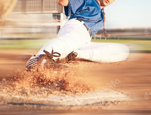 Preview: Slide, softball action and player in match or game for sports competition on a pitch in a stadium.