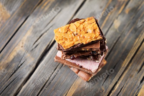 Preview: Mix of sweet swiss choccolate on the wooden table