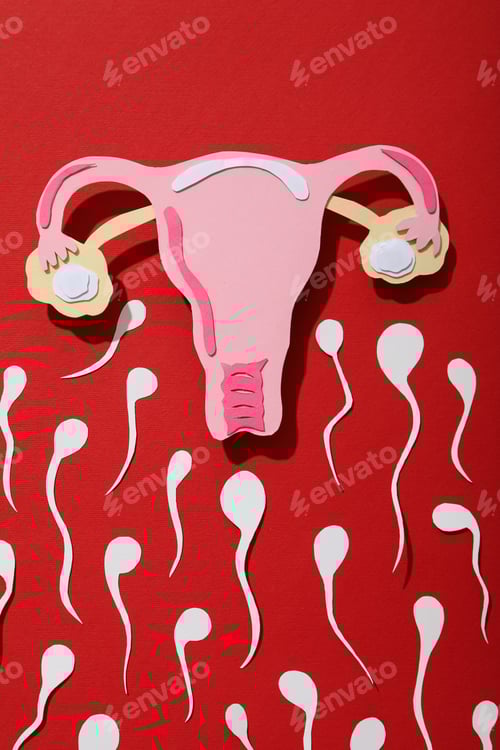 Preview: Paper Cutout Uterus and Sperm on Red