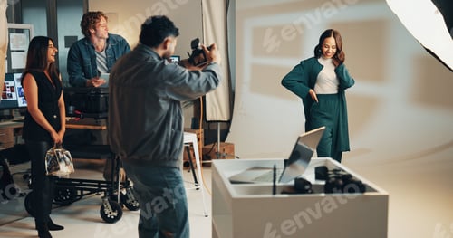 Preview: Photoshoot, studio and photographer with woman on set for creative, about us or career. Media, prod