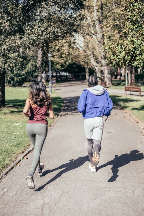 Preview: Rear view of jogging multi-ethnic couple outdoors