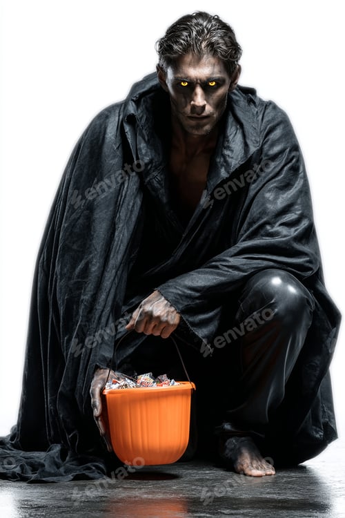 Preview: Dracula-Mysterious figure in cloak with glowing eyes holding a bucket of treats on Halloween.