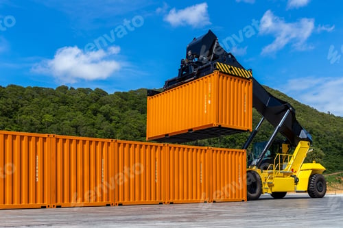Preview: Reach stacker cargo forklift container box import export logistic transportation industrial.