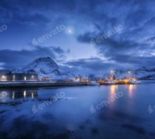 Preview: Fishing boats near pier on the sea and snowy mountains at night