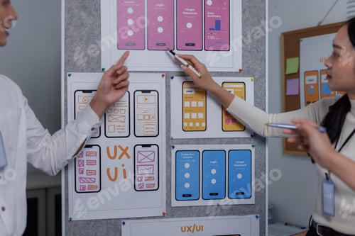 Preview: Design team collaborating on mobile application ui ux wireframes