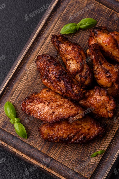 Preview: Delicious juicy chicken wings baked on the grill with salt, spices and herbs