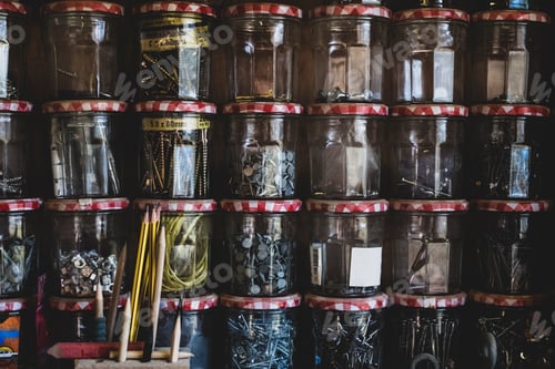Preview: Close up of stack of jam jars containing selection of nail and screws.