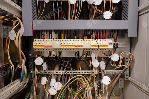 Preview: Close view of complex electrical wiring in a control panel at a technology facility