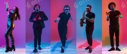 Preview: Collage of portraits of young musicians on multicolored background in neon