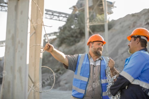 Preview: Two quarry workers in quarry, having discussion