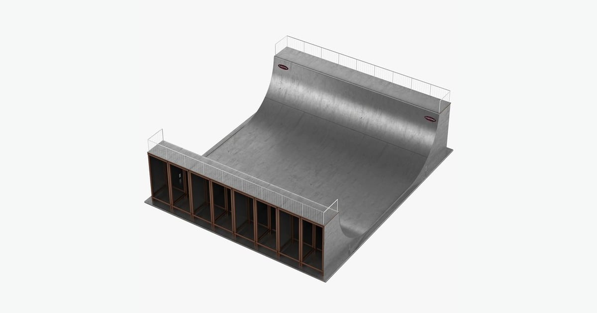 Concrete skate ramp with metal railing and gridded panel wall 3D, Incl ...