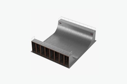 Preview: Concrete skate ramp with metal railing and gridded panel wall