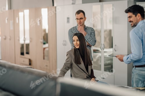 Preview: Couple shopping for new furniture with salesman in store