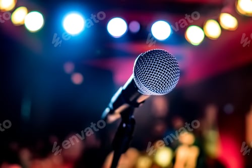 Preview: Microphone on stage against a background of auditorium.