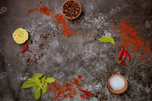Preview: Composition of herbs and spices on dark background. Top view.