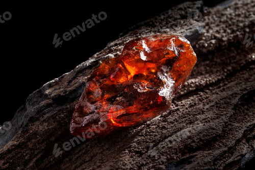 Preview: Natural amber. A piece of yellow and red semi transparent natural amber on piece of stoned wood