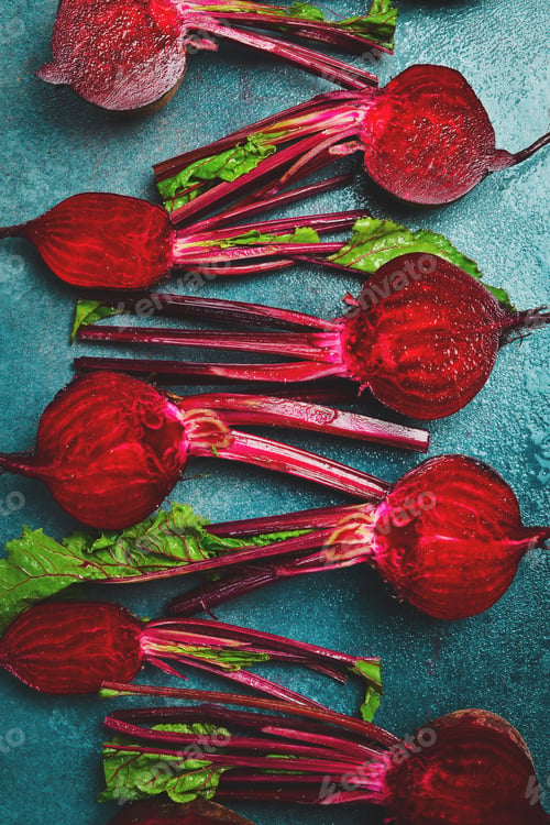 Preview: Food concept. Raw beetroot sliced on the table. Top view. Macro photo.