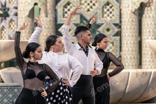 Preview: 4 flamenco dancers lined up dancing and facing forward