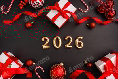 Visualização: Papel de Natal plano com caixas de presente, enfeites vermelhos