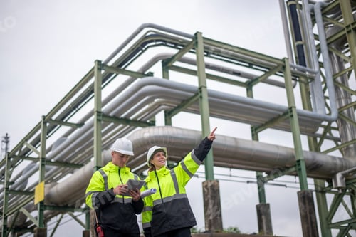 Preview: Engineers wearing safety gear, including hard hats examining survey a large blueprint tablet standin