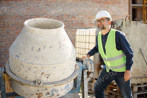 Preview: Worker in white helmet at a construction site standing near concrete mixer