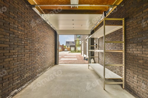 Preview: a long corridor with brick walls and a glass door